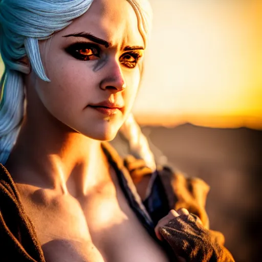 Prompt: cirilla cosplay, desert, professional shooting, natural light, anatomically correct body, beautiful face, many details, super realistic, high quality, 8 k