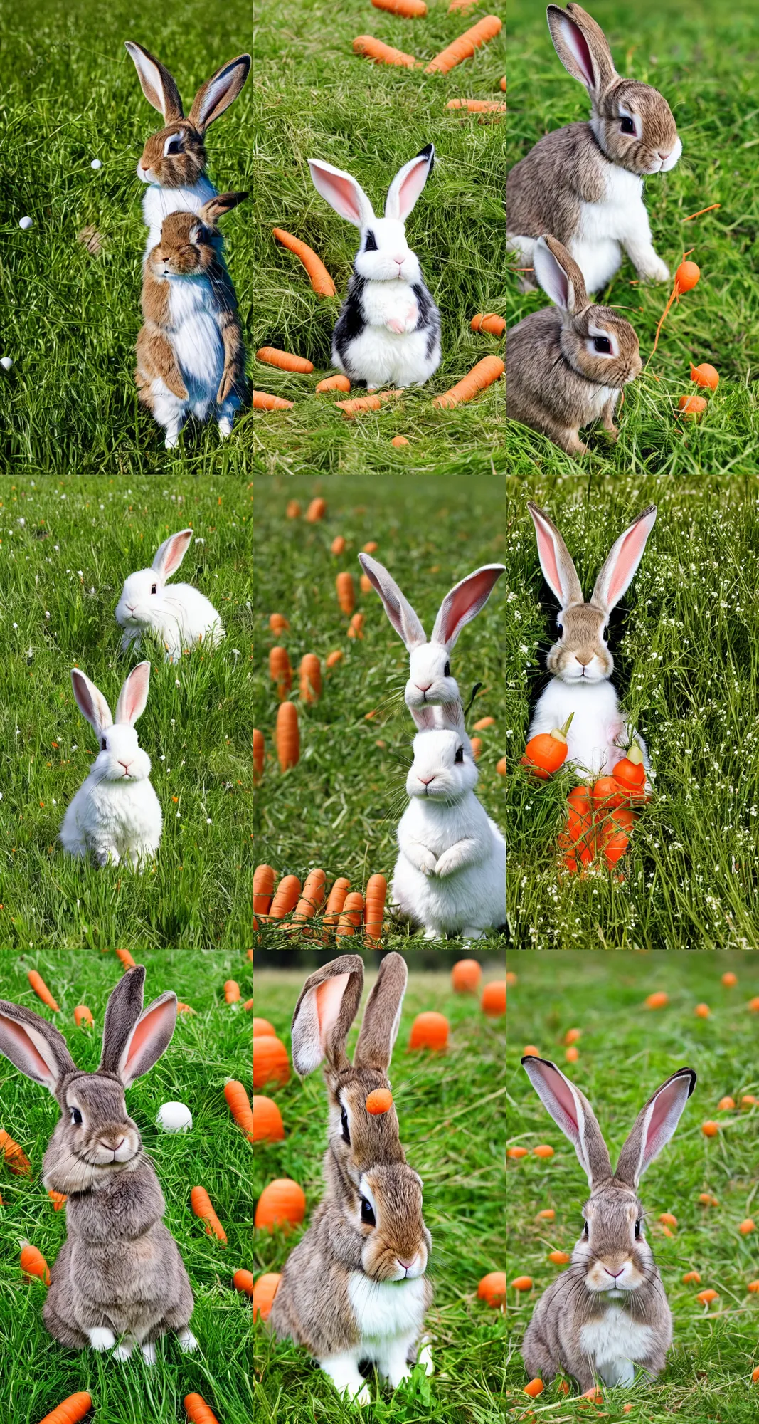 Prompt: bunny with floppy ears in a grassy field surrounded by carrots, white and black spots, happy, photo