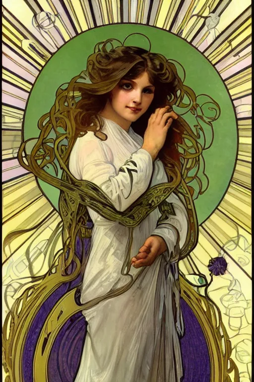 Image similar to Angel with Ring of light behind her, in the style of Alphonse Mucha