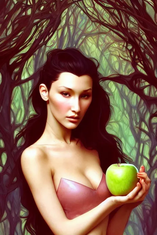 Prompt: very very beautiful longshot photo of bella hadid holding an apple, intricate, elegant, highly detailed, artstation, concept art, smooth, sharp focus, illustration, foggy forest on background, art by artgerm and alphonse mucha