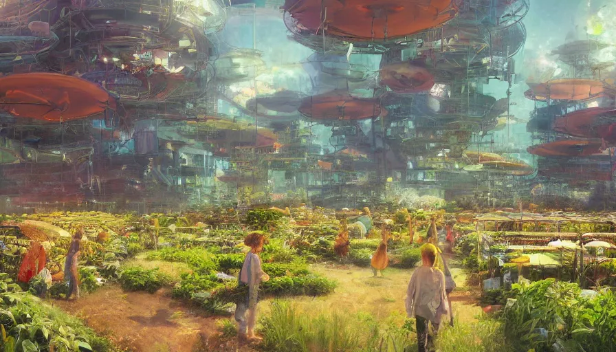 Image similar to craig mullins and ghibli digital illustration of solarpunk vertical farms, fields of crops and hydroponics under a force field, colorful, unreal engine, hyper realism, realistic shading, cinematic composition, realistic render, octane render, detailed textures, photorealistic, wide shot