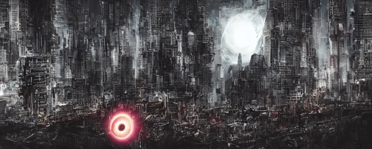 Prompt: photo of a black hole is destroying a gothic cyberpunk City