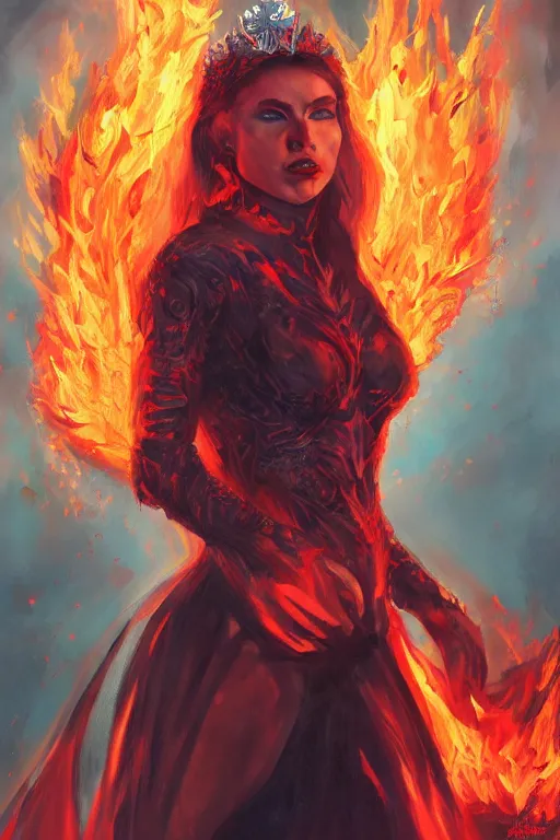 Prompt: a painting of beautiful full body concept art, ultra beautiful face, queen of hell wearing full fire clothing standing in a field