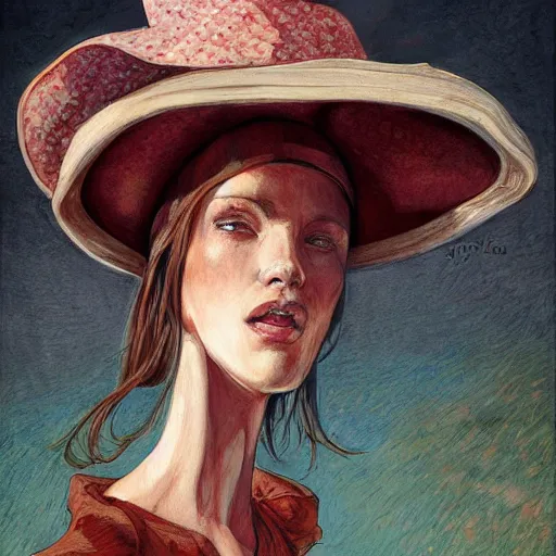 Prompt: woman with a giant, ridiculous hat, by jon foster