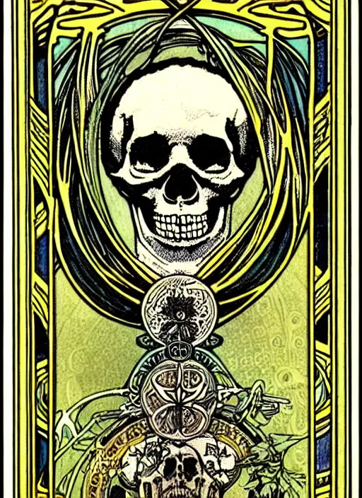 Image similar to symmetry!! a tarot card with a skull, intricate, highly detailed, ornate, aesthetic, alphonse mucha