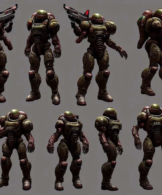 Image similar to 2 d shooter game concept art sprite sheet!!!, doom slayer concept art, hyperrealism, fine detail, 8 k, 3 d render, artgerm, artstation contest winner, cgsociety, cryengine, zbrush, vray, no background