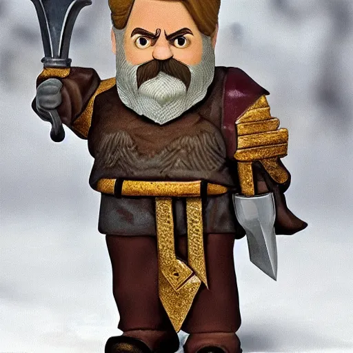 Prompt: ron swanson is a white haired, bearded dwarven cleric carrying a holy symbol in his right hand and a holy sword in his left hand