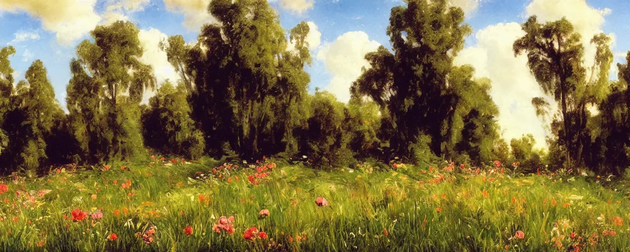 Prompt: disney illustrated background of a flowery grassy field by eugene von guerard, ivan shishkin, john singer sargent