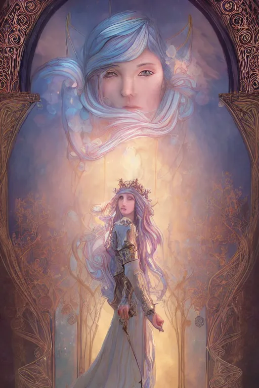 Prompt: breathtaking detailed soft painting of a knight queen with long flowing blue hair, pastel flower petals flying, at dawn in front of a pristine golden art nouveau cathedral, elegant, volumetric lighting, highly detailed, artstation, concept art, matte, sharp focus, art by pilyeon,