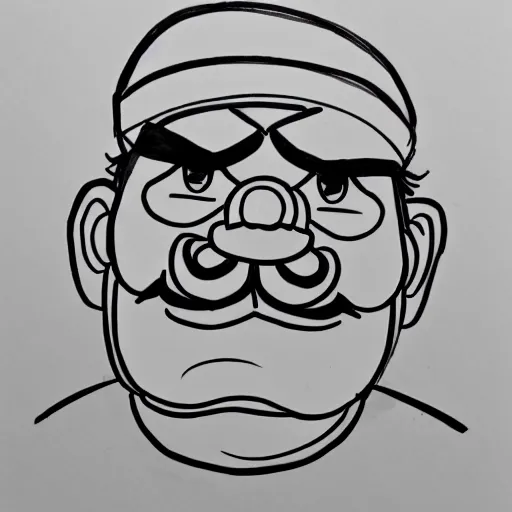 Image similar to continuous single line contour - drawing of wario, pen on white paper