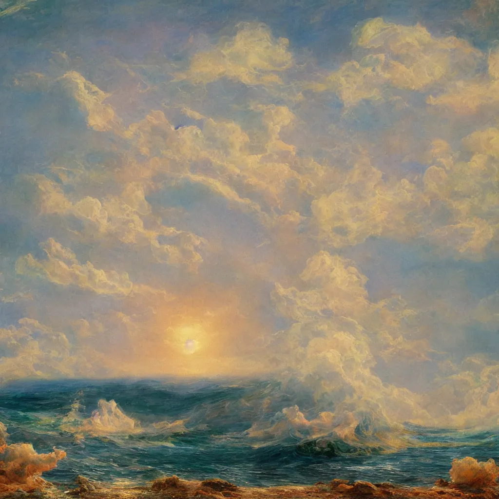 Image similar to 3d high relief painting of sea like jelly,Rainbow clouds like sheeps floating lightly in the air, Sailing ship,dreamy, soft , highly detailed, expressive impressionist style, in the style of Frederic Edwin Church