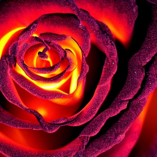 Image similar to award - winning macro of a beautiful magma rose made of glowing molten lava, inner glow, magma texture