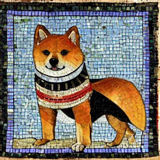 Image similar to an ancient roman tile mosaic depicting a shiba inu in a toga, a detailed masterpiece