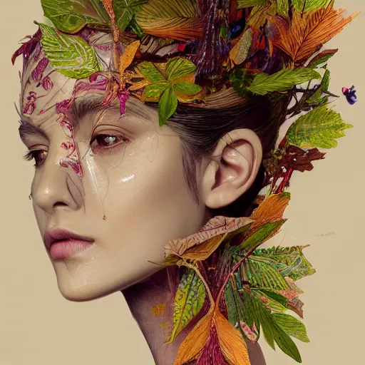 Prompt: the portrait of an extremely beautiful, gorgeous, elegant, graceful, sensual, playful, and sophisticated young woman made of leaves, an ultrafine detailed illustration by james jean, giuseppe arcimboldo, intricate, bright colors, final fantasy,, unreal engine 5 highly rendered, global illumination, radiant light, detailed.