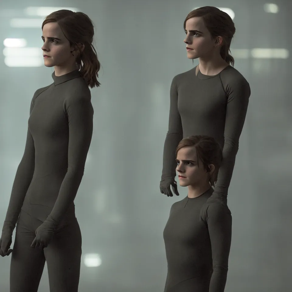 Prompt: Peaceful Emma Watson wearing cyborg prosthetics in the style of Blade Runner 2049 (2017). Clear Hands. Clear body. Black Clothes. Rivendel Background. Cinematic. Professional Photo. UHD. 8k. Clear Face.