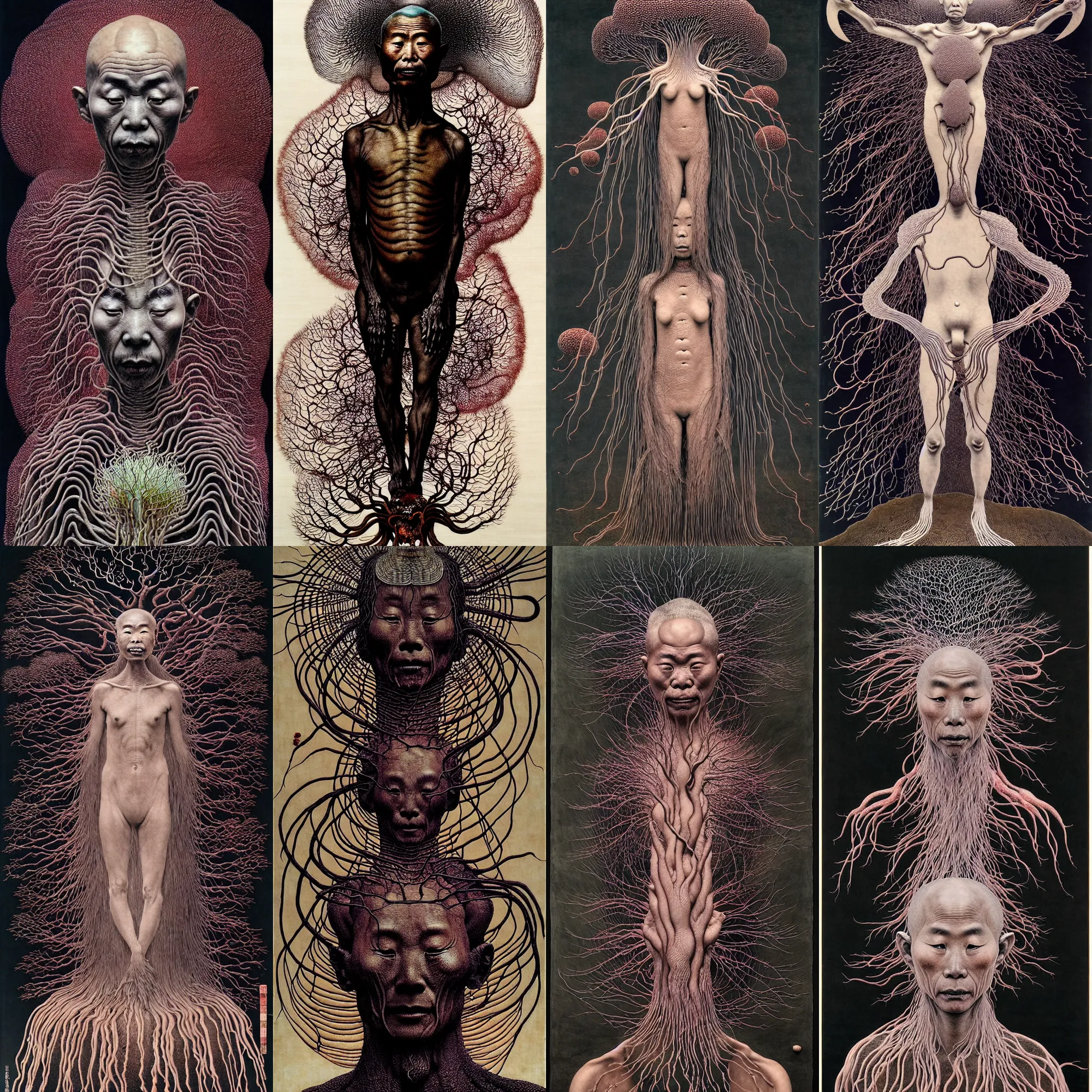 Image similar to ancient japanese monk, by kiki smith, by zdzisław beksinski, by wangechi mutu, full body, zoomed out, mycelium, mycena acicula, tremella - fuciformis, insanely detailed and intricate, hypermaximalist, elegant, ornate, hyper realistic