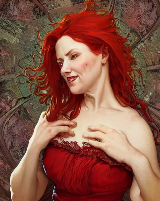 Image similar to portrait of short and plump 5 0 - year - old woman with red hair and a kind face, wearing dress, hyper realistic face, beautiful eyes, close up, fantasy art, in the style of greg rutkowski, intricate, alphonse mucha, hyper detailed, smooth