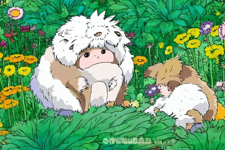 Image similar to cute fluffy creatures in the cabbage garden by studio ghibli