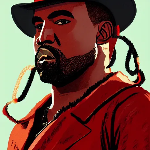 Image similar to kanye west in stephen bliss illustration red dead redemption 2 artwork of kanye west, in the style of red dead redemption 2 loading screen, by stephen bliss