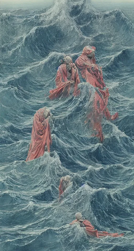 Image similar to worshippers in robes belonging to the cult of the ocean surfing in waves, on a shore, high detatiled beksinski painting, part by adrian ghenie and gerhard richter. art by takato yamamoto. masterpiece, deep colours, blue