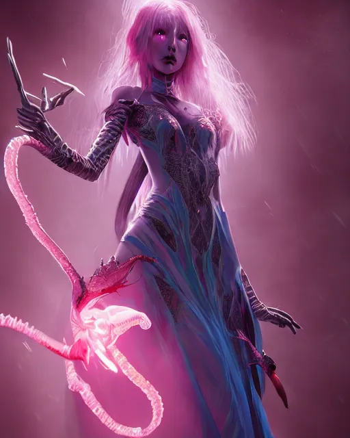 Image similar to demon girl wearing gown, beautiful, fantasy, colorful, cinematic lighting, artstation, trending, highly detailed, focus, smooth, by hirohiko araki and yoshitaka amano