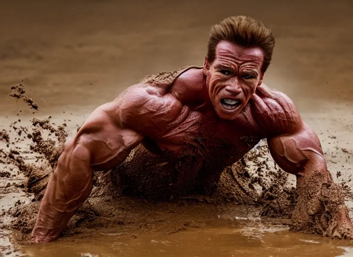 Prompt: photo of schwarzenegger mudbending at predator. highly detailed 8 k. intricate. lifelike. soft light. sony a 7 r iv 5 5 mm. cinematic post - processing