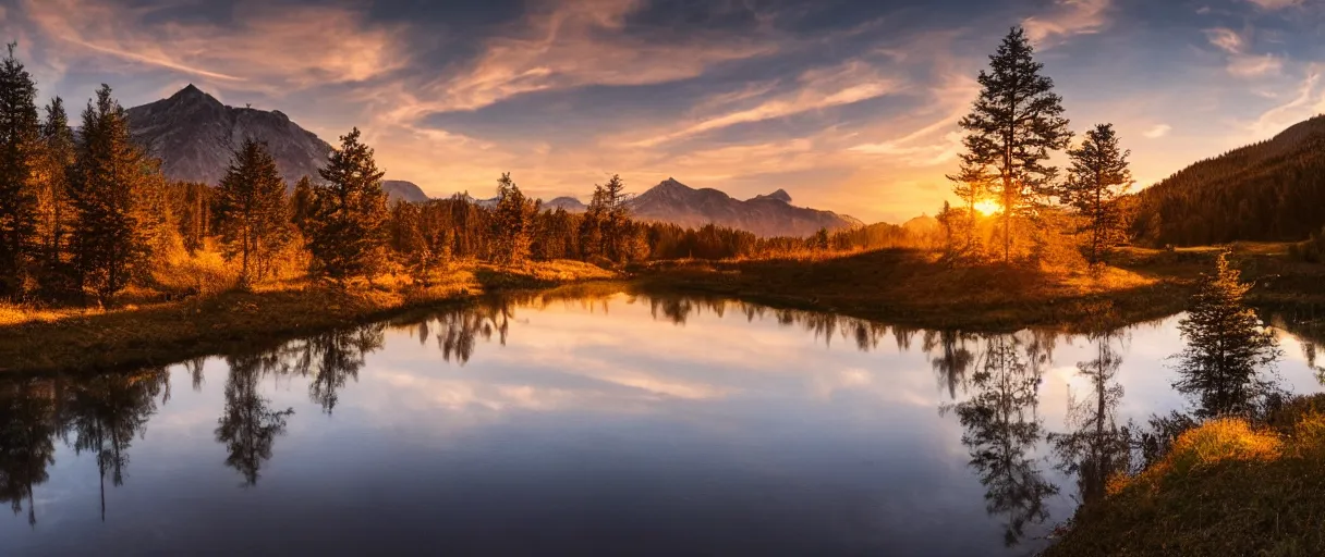 Prompt: realistic trees, mountains, river, landscape, photo, 4k, wind,reflections, realistic, camera, sunset, warm tones