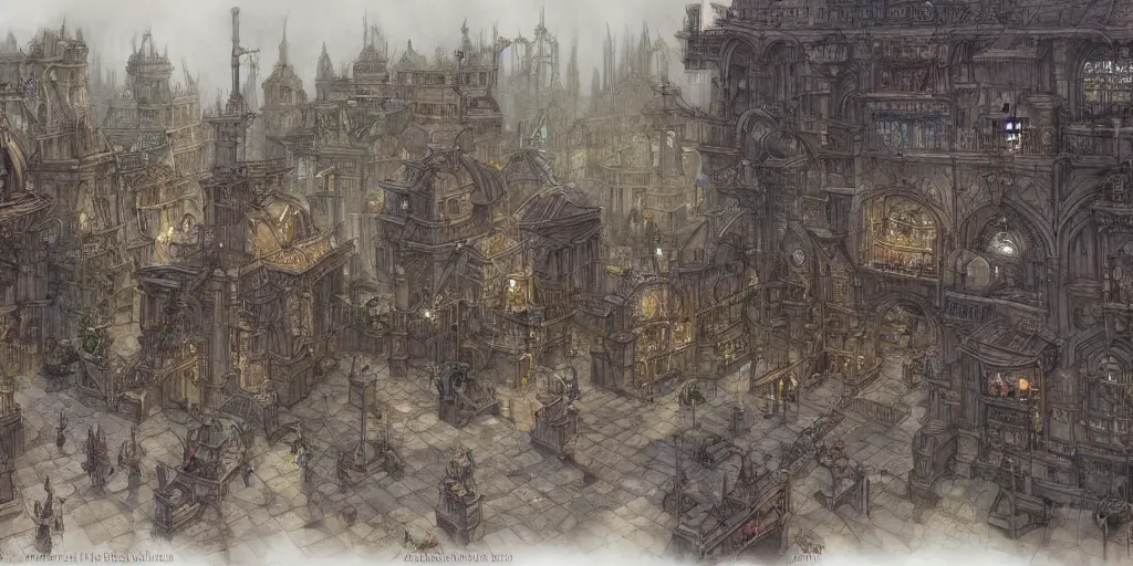 Image similar to A plaza in a slovenly city of precision-cast lithium and elegant courtyards, peopled by Dark Kobolds, by John Howe