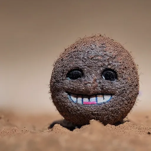 Image similar to photo of a small round creature made of dirt with round blue eyes and a round clown nose and a cute smile