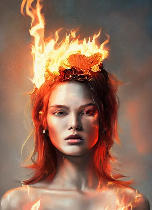 Image similar to fashion portrait with fire, female, 3d, future, torch, flame, harper's bazaar, vogue, fashion magazine, intricate, concept art, close up, ornate, luxury, elite, elegant, trending on artstation, by ruan jia, by Kenneth Willardt, by ross tran, by WLOP, by Andrei Riabovitchev,