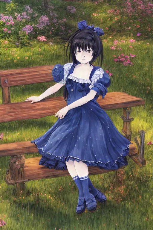 Image similar to a beautiful hyperdetailed portrait render of black - haired little girl in a blue lolita dress with stars and petticoat sitting on a bench in a botanical garden, atmospheric lighting, style of makoto shinkai, raphael lacoste