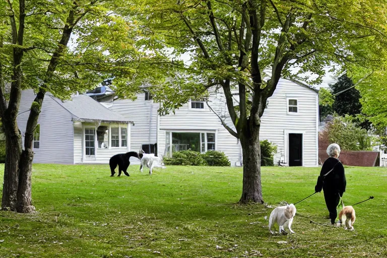 Image similar to the sour, dour, angry, gray - haired lady across the street is walking her three small white and black dogs. she shuffles around, looking down. highly detailed. green house in background. large norway maple tree in foreground. view through windows.