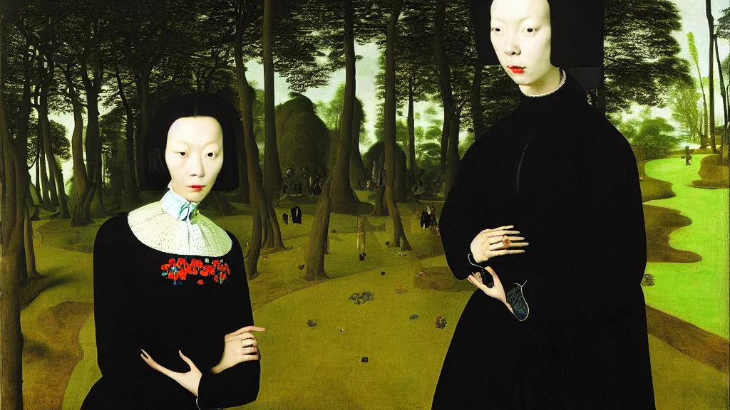 Prompt: portrait of a woman with lime green frizzy hair, wearing a embroidered high collar black dress by balenciaga, standing in a botanical garden, bjork aesthetic, masterpiece, cyberpunk, in the style of rogier van der weyden, masterpiece, asian art
