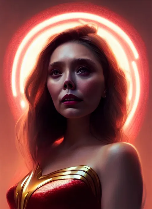 Image similar to portrait of modern darna, elizabeth olsen, intricate, elegant, glowing lights, highly detailed, digital painting, artstation, glamor pose, concept art, smooth, sharp focus, illustration, art by wlop, mars ravelo and greg rutkowski