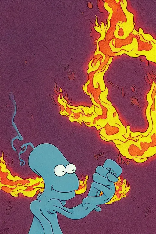 Prompt: squidward firebending outside at susnset, art by moebius