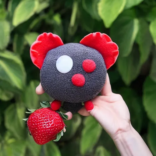 Image similar to adorable strawberry creature with multiple eyes plush toy