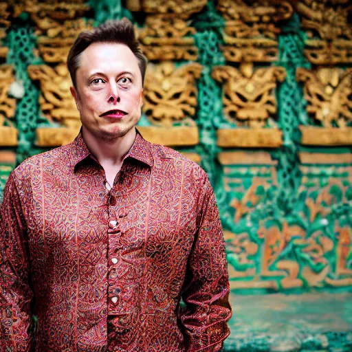 Image similar to A Photo Portrait of elon musk Wearing Indonesian Batik at a fancy Balinese temple, award winning photography, sigma 85mm Lens F/1.4, blurred background, perfect faces