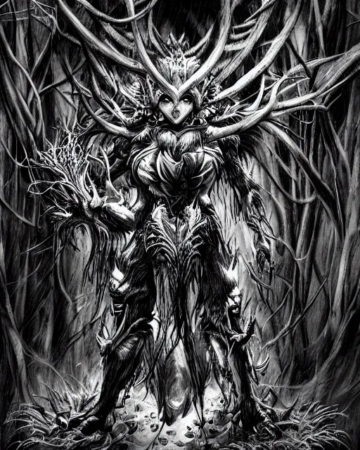 Image similar to A forest elemental, terrifying, black and white, fantasy art, monster art, in the style of masami kurumada, illustration, epic, fantasy, intricate, hyper detailed, artstation, concept art, smooth, sharp focus, ray tracing