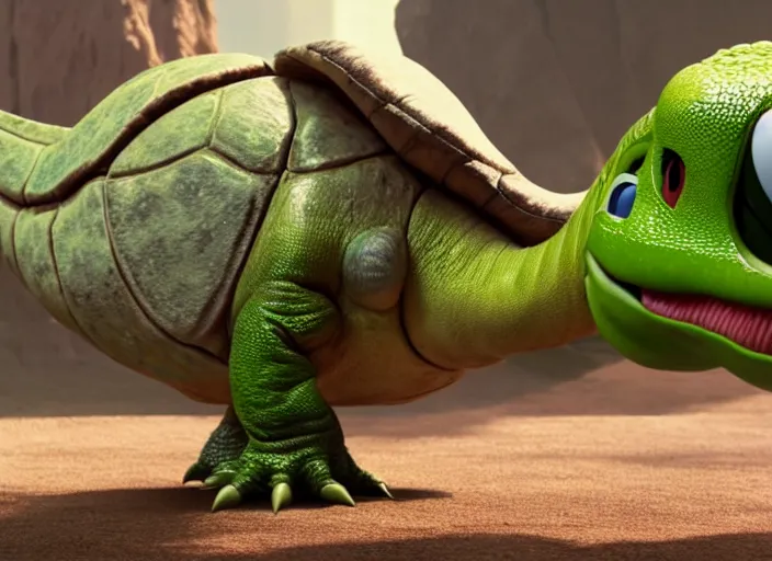 Image similar to film still of yoshi in the new sci - fi movie, cute upright dinosaur with a small turtle shell and long tongue, 8 k