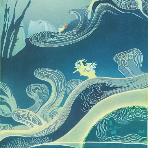 Prompt: the foam of perilous seas, in Faerie lands forlorn, illustration by Kay Nielsen and Eyvind Earle, 4k, aesthetic