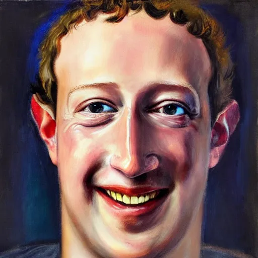 Image similar to “a deliriously happy king mark zuckerberg, portrait oil painting by Otto Dix, oil on canvas (1921)”