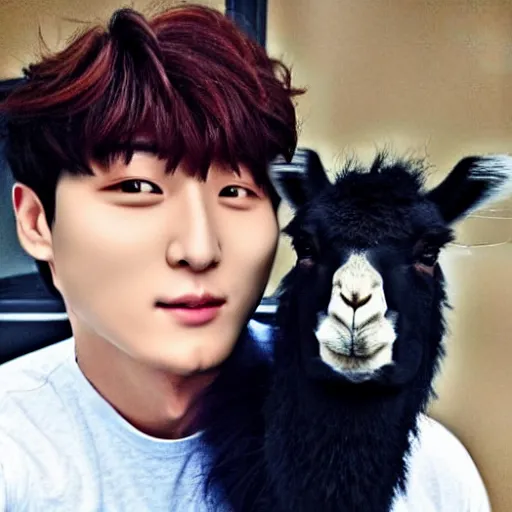 Image similar to jung kook with a llama, 8 k