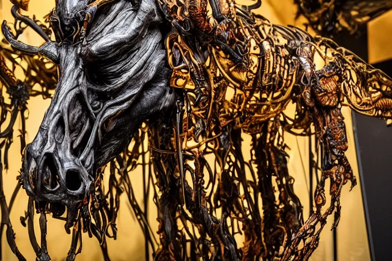 Prompt: photo taken of an epic intricate, ultra detailed, super realistic sculpture of a fiery nightmarish hellish demonic hooded grim reaper's death horse animatronic on display in a workshop, created by weta workshop, zoomed in shots, photorealistic, sharp focus, f 0. 4, face centred, macro photography, golden ratio, golden hour