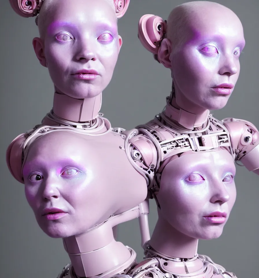 Image similar to portrait of a alien futuristic goddess wearing an art nouveau iridescent beauty mask and pink hair buns, wearing a black bodysuit by alexander mcqueen, cream white background, soft diffused light, biotechnology, humanoid robot, perfectly symmetric, bjork aesthetic, translucent, by rineke dijkstra, intricate details, highly detailed, masterpiece,