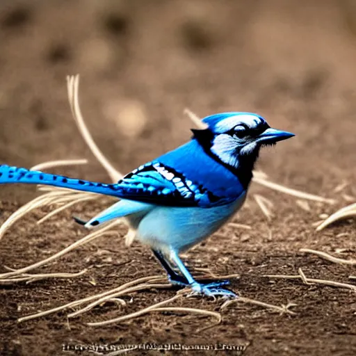 Image similar to blue jay with spaghetti in beak