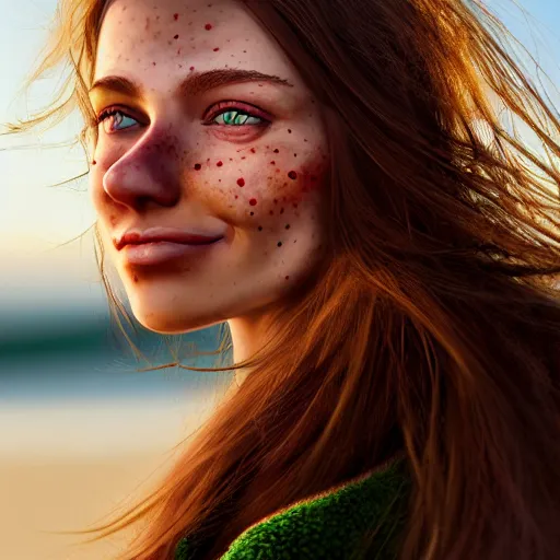 Prompt: portrait of a cute thin young woman, bronze brown hair, eye color is emerald green, red blush, cute freckles, smug smile, modern clothes, relaxing on the beach, golden hour, close up shot, 8 k, art by irakli nadar, hyperrealism, hyperdetailed, ultra realistic