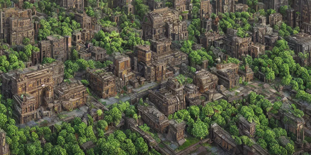 Image similar to a beautiful realistic detailed city carved in a wood, surrounded by mold and moss, photorealistic, octane render, volumetric lighting,