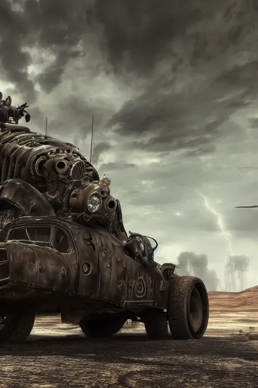 Prompt: ultra realist 3d soft paint of a gothic four wheel vehicle fully armored, Mad Max and Fallout, symmetry accurate features, very intricate details, ominous sky, volumetric light clouds, post apocalyptic background