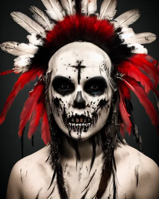 Image similar to the ghost - spirit of the grim - warpaint wears the scarlet skull armor and native blood headdress feathers, midnight fog - mist!, dark oil painting colors, realism, cinematic lighting, various refining methods, micro macro autofocus, ultra definition, award winning photo, photograph by jamie salmon