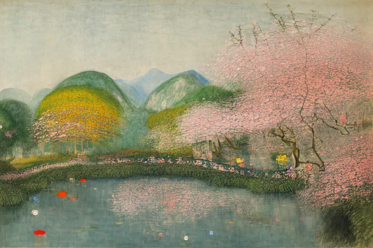 Image similar to an ultradetailed landscape painting of westlake in china hangzhou, may flowers blossoms nearby, autumn wind, chinese water color, smooth, sharp focus, illustration, by hilma af klint, 8 k